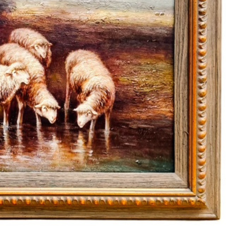 Mid 20th Century Large Framed Pastoral Sheep Landscape Oil-Based Impasto/Acrylic Painting on Canvas – Flock Drinking at Stream