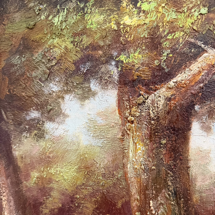 Mid 20th Century Large Framed Pastoral Sheep Landscape Oil-Based Impasto/Acrylic Painting on Canvas – Flock Drinking at Stream