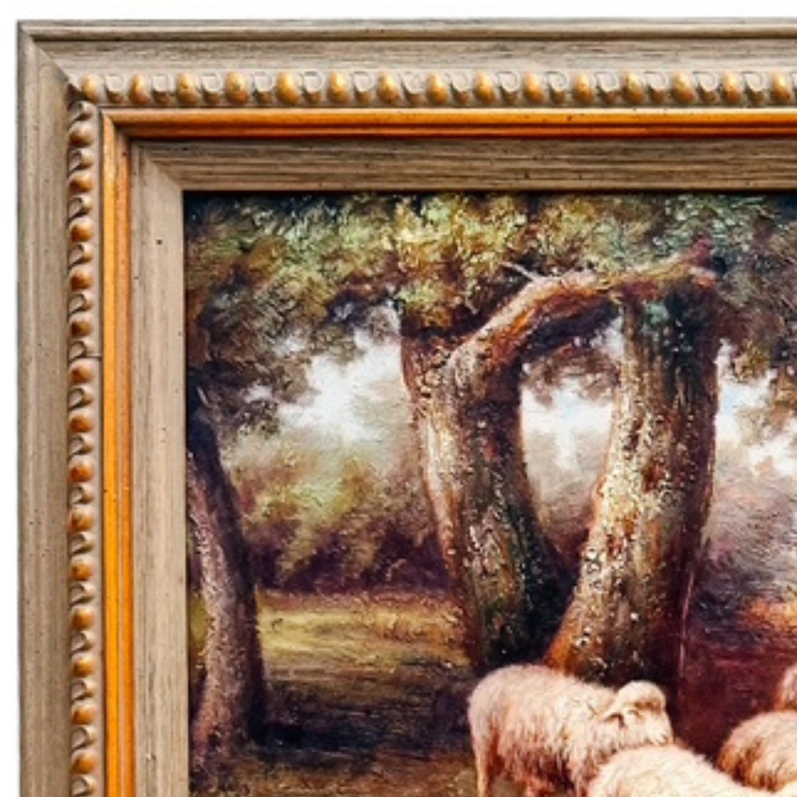 Mid 20th Century Large Framed Pastoral Sheep Landscape Oil-Based Impasto/Acrylic Painting on Canvas – Flock Drinking at Stream