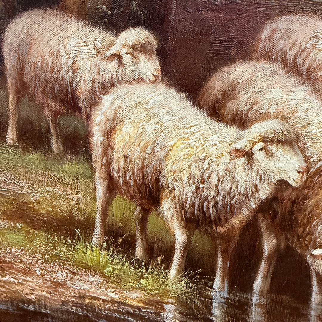 Mid 20th Century Large Framed Pastoral Sheep Landscape Oil-Based Impasto/Acrylic Painting on Canvas – Flock Drinking at Stream