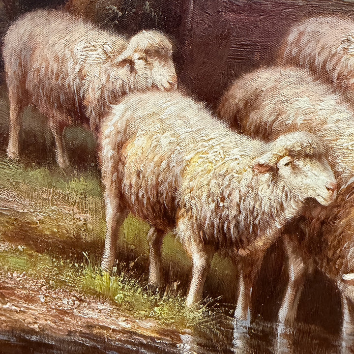 Mid 20th Century Large Framed Pastoral Sheep Landscape Oil-Based Impasto/Acrylic Painting on Canvas – Flock Drinking at Stream