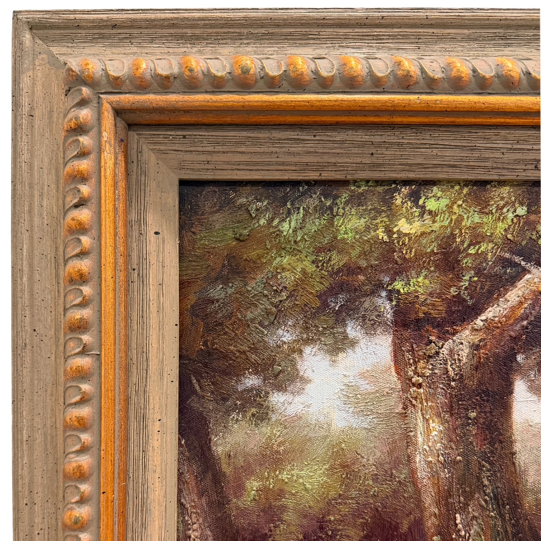 Mid 20th Century Large Framed Pastoral Sheep Landscape Oil-Based Impasto/Acrylic Painting on Canvas – Flock Drinking at Stream