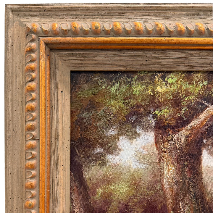 Mid 20th Century Large Framed Pastoral Sheep Landscape Oil-Based Impasto/Acrylic Painting on Canvas – Flock Drinking at Stream