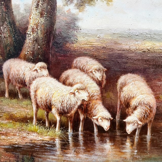 Mid 20th Century Large Framed Pastoral Sheep Landscape Oil-Based Impasto/Acrylic Painting on Canvas – Flock Drinking at Stream