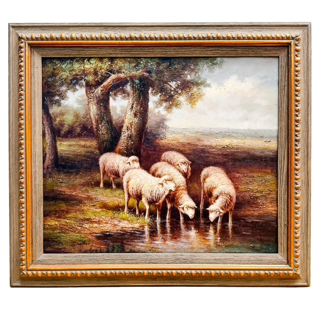 Mid 20th Century Large Framed Pastoral Sheep Landscape Oil-Based Impasto/Acrylic Painting on Canvas – Flock Drinking at Stream