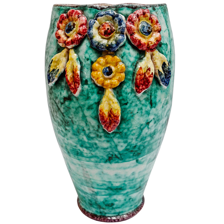 Mid Century Italian Majolica Vase with Floral Decor by Fratelli Fanciullacci