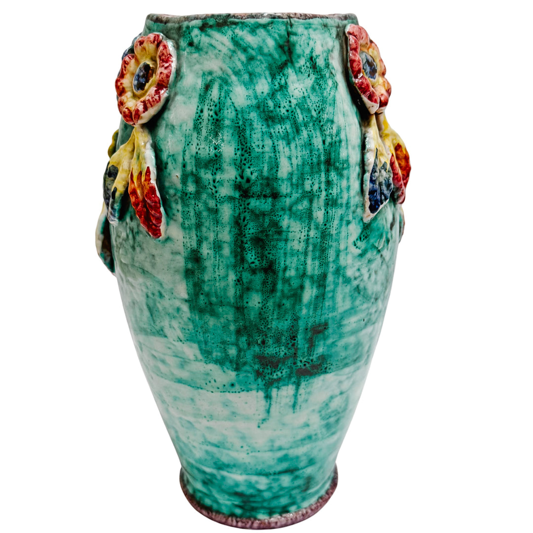Mid Century Italian Majolica Vase with Floral Decor by Fratelli Fanciullacci