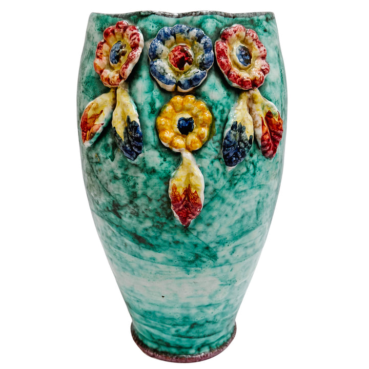 Mid Century Italian Majolica Vase with Floral Decor by Fratelli Fanciullacci