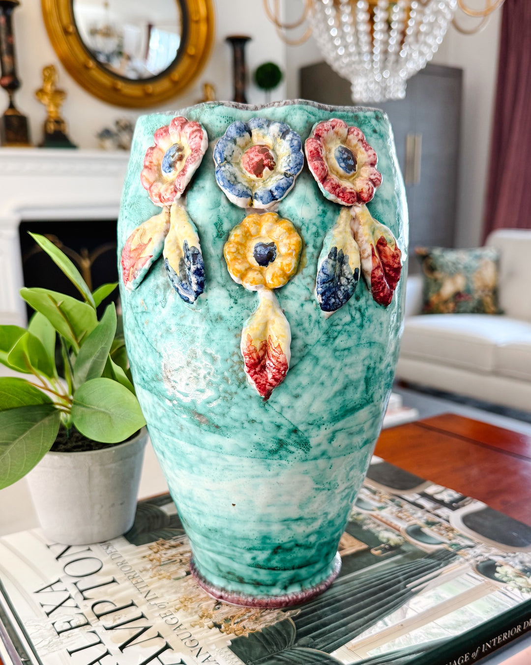 Mid Century Italian Majolica Vase with Floral Decor by Fratelli Fanciullacci