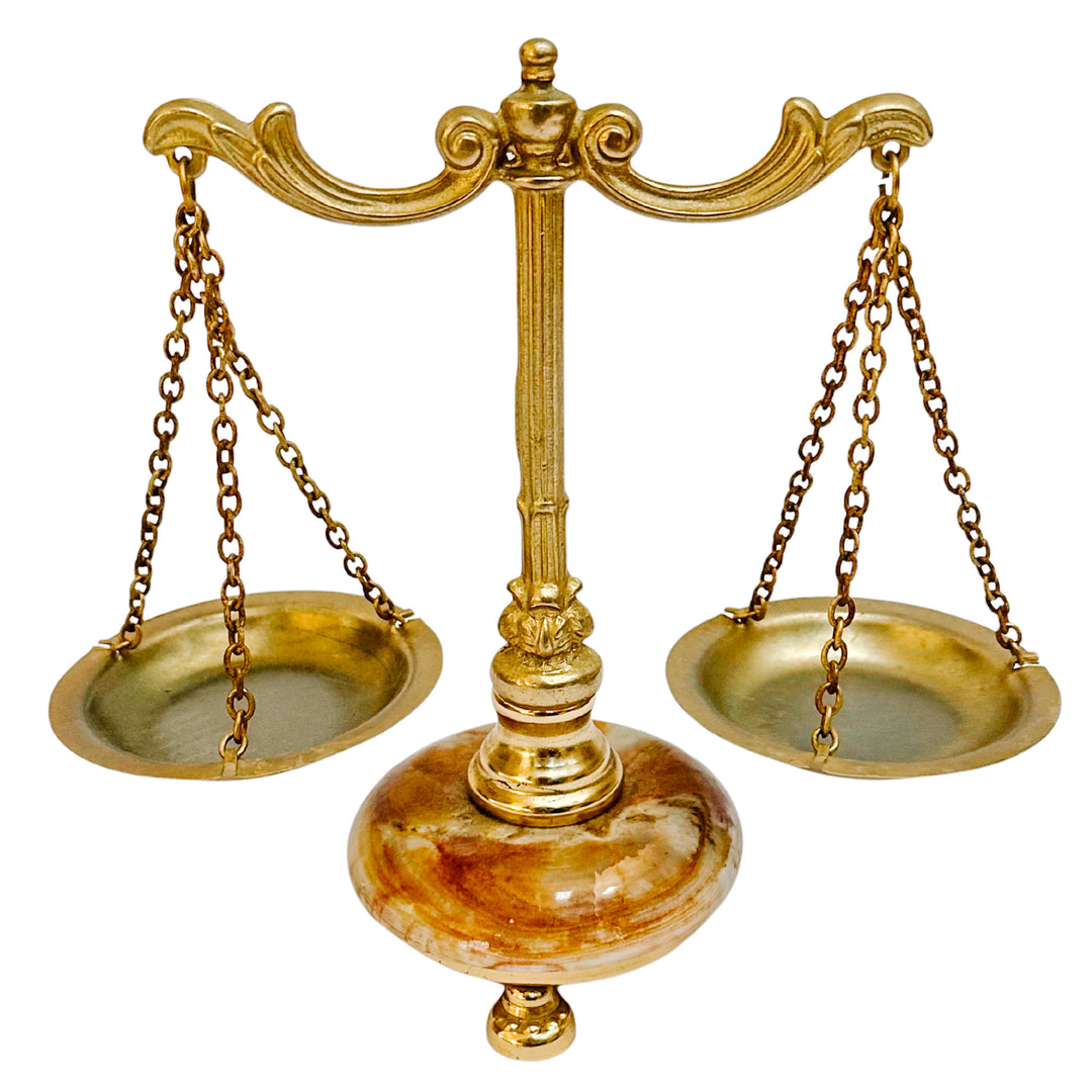 Miniature French Decorative Scale With Polished Brass Frame & Tiger-Eye Onyx Base