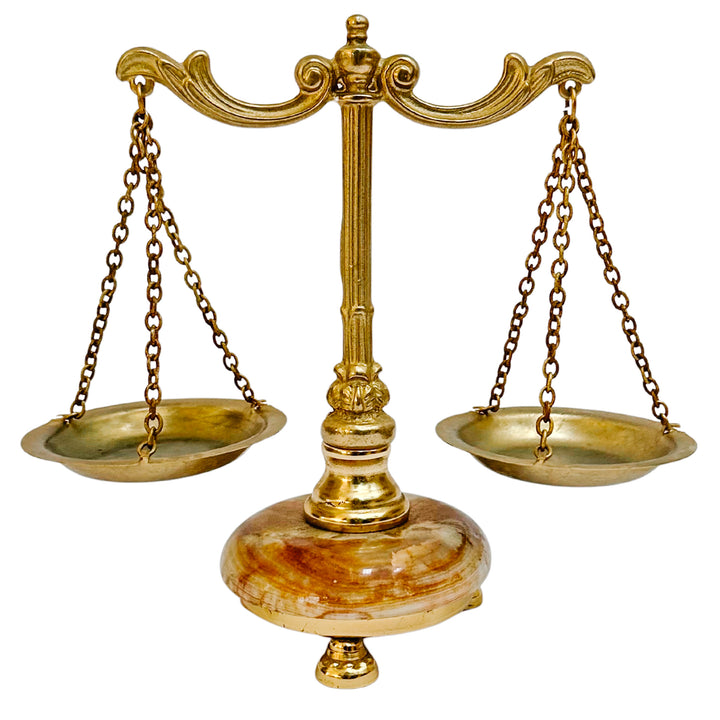 Miniature French Decorative Scale With Polished Brass Frame & Tiger-Eye Onyx Base