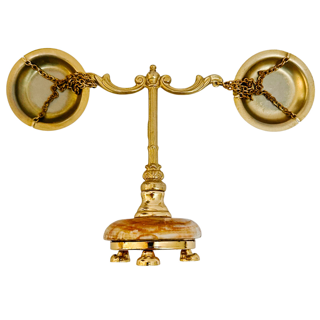 Miniature French Decorative Scale With Polished Brass Frame & Tiger-Eye Onyx Base