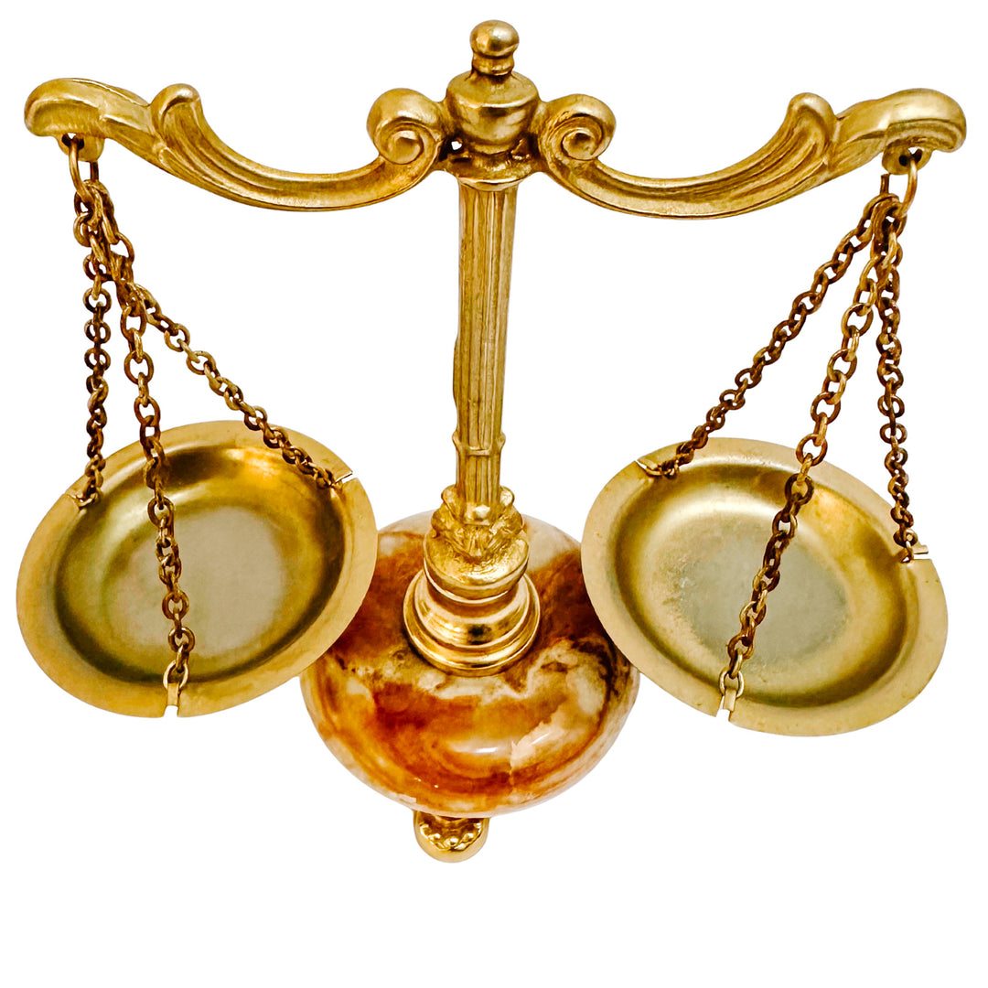 Miniature French Decorative Scale With Polished Brass Frame & Tiger-Eye Onyx Base