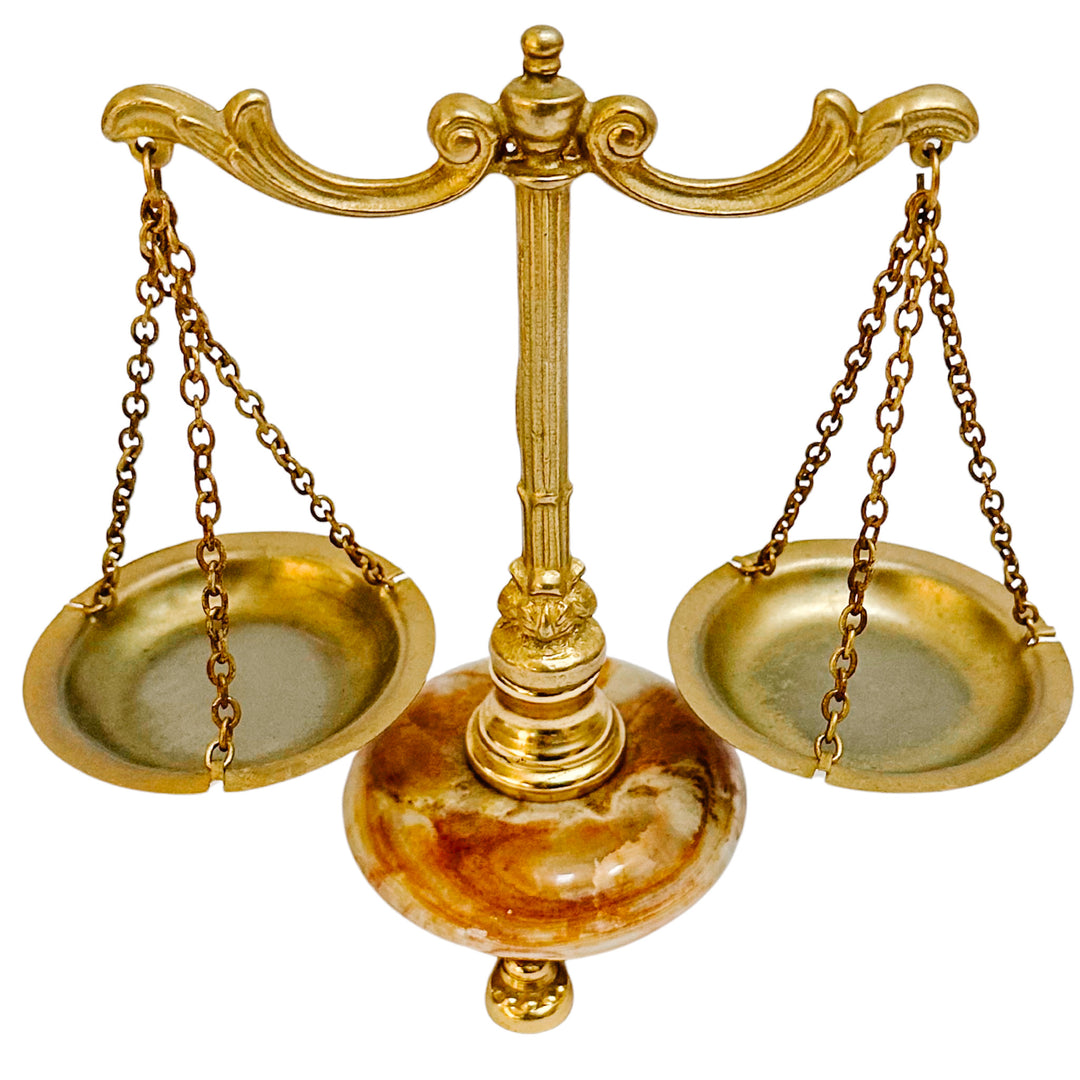 Miniature French Decorative Scale With Polished Brass Frame & Tiger-Eye Onyx Base