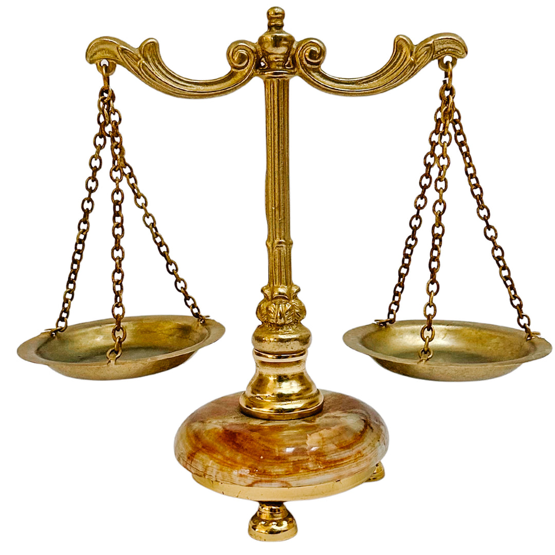 Miniature French Decorative Scale With Polished Brass Frame & Tiger-Eye Onyx Base