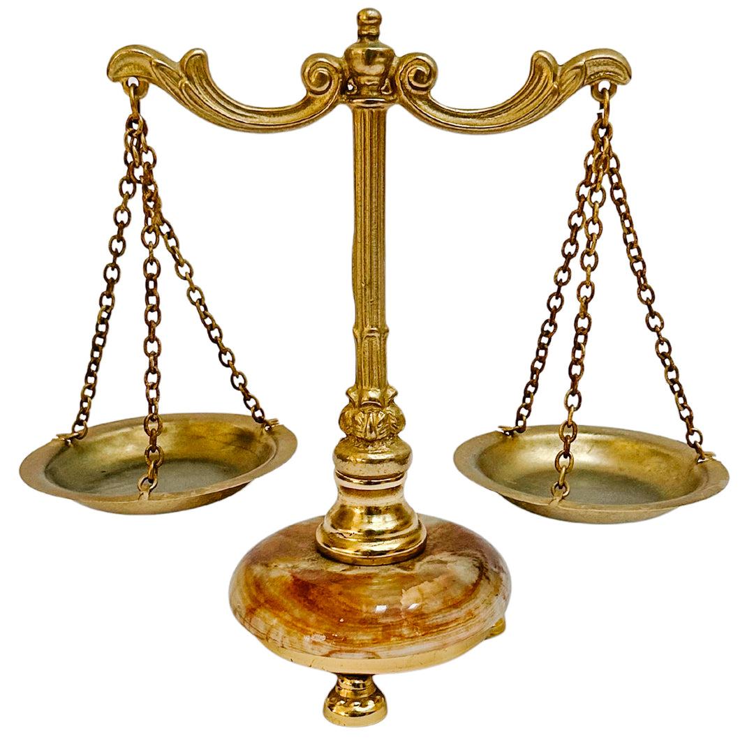 Miniature French Decorative Scale With Polished Brass Frame & Tiger-Eye Onyx Base