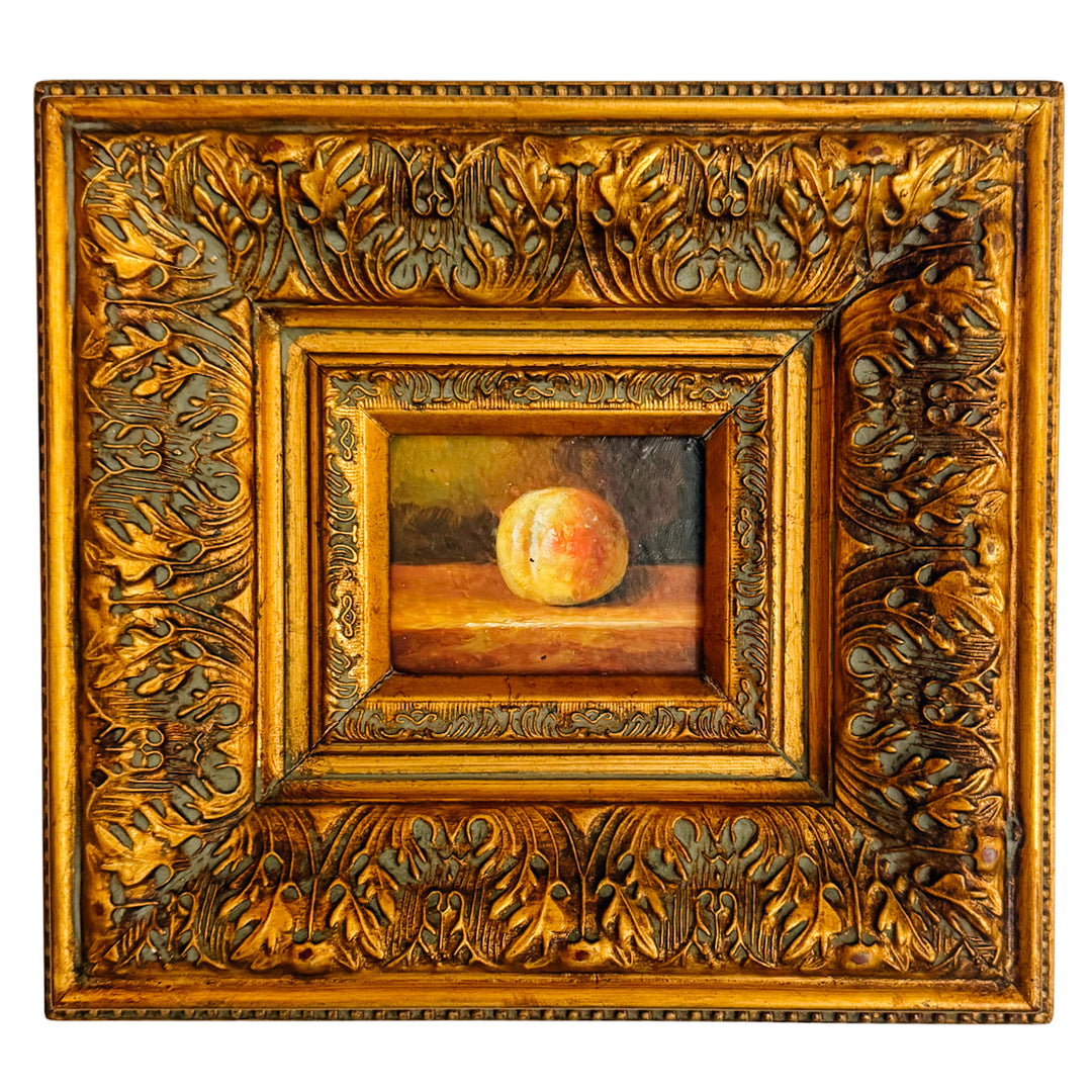 Miniature Peach Still Life Oil Painting in Deep Carved Giltwood Frame