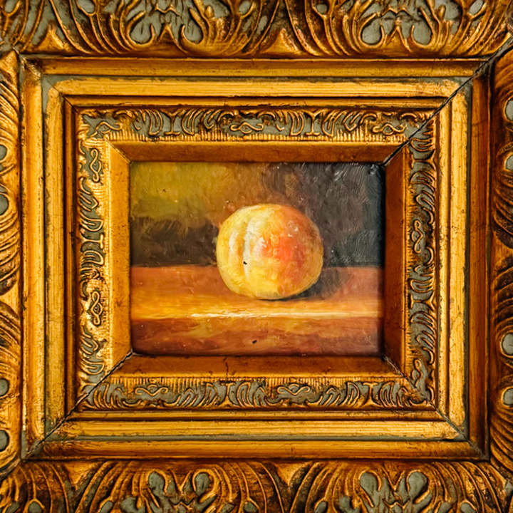 Miniature Peach Still Life Oil Painting in Deep Carved Giltwood Frame