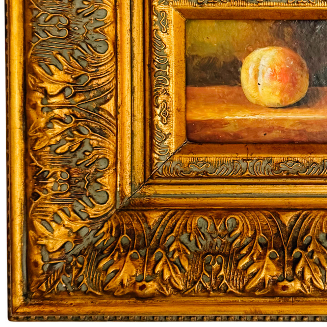 Miniature Peach Still Life Oil Painting in Deep Carved Giltwood Frame