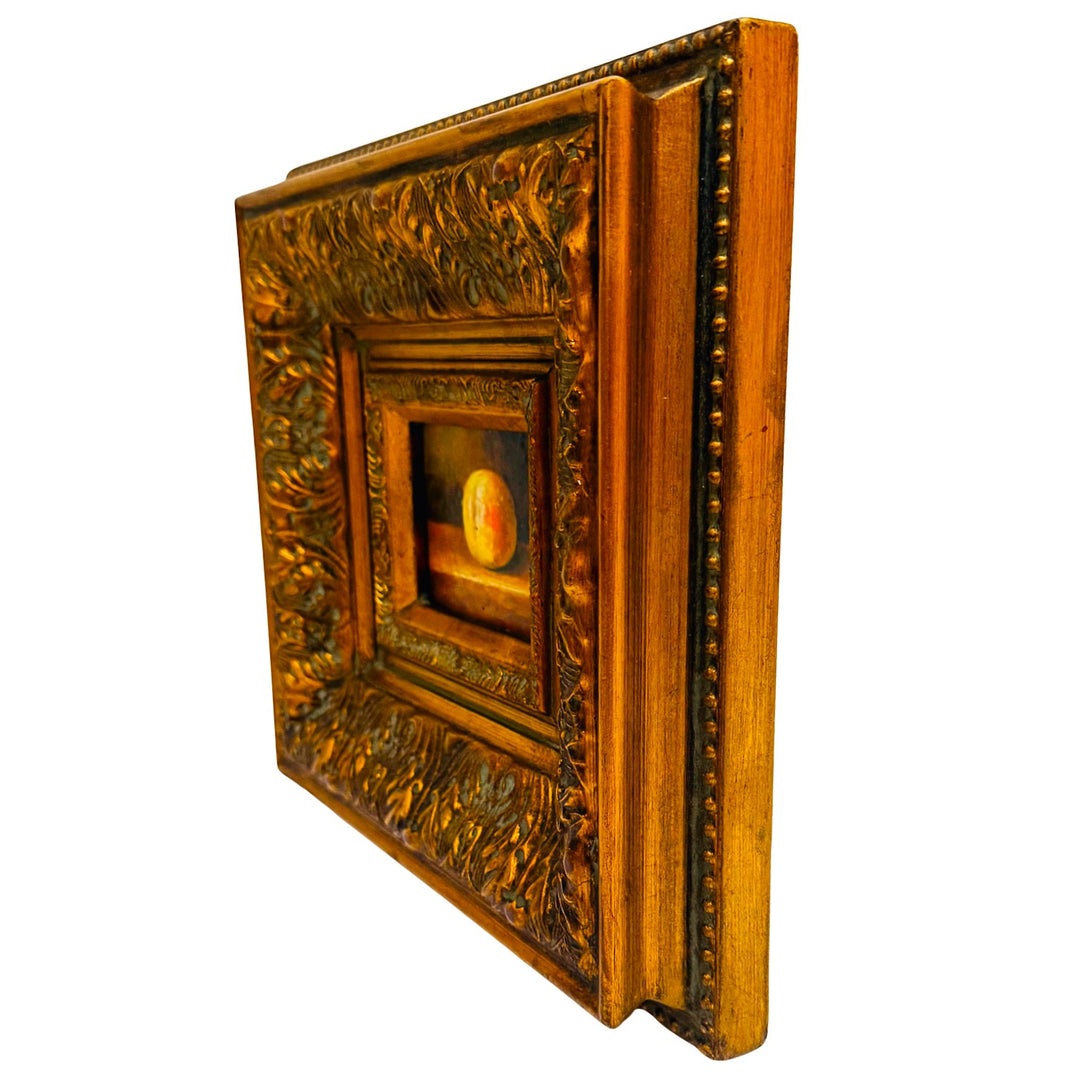 Miniature Peach Still Life Oil Painting in Deep Carved Giltwood Frame