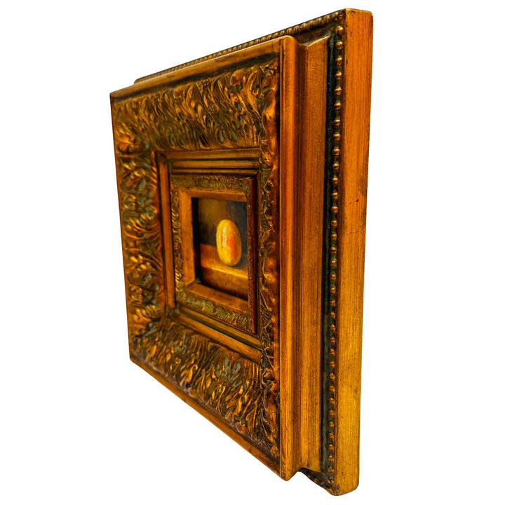 Miniature Peach Still Life Oil Painting in Deep Carved Giltwood Frame