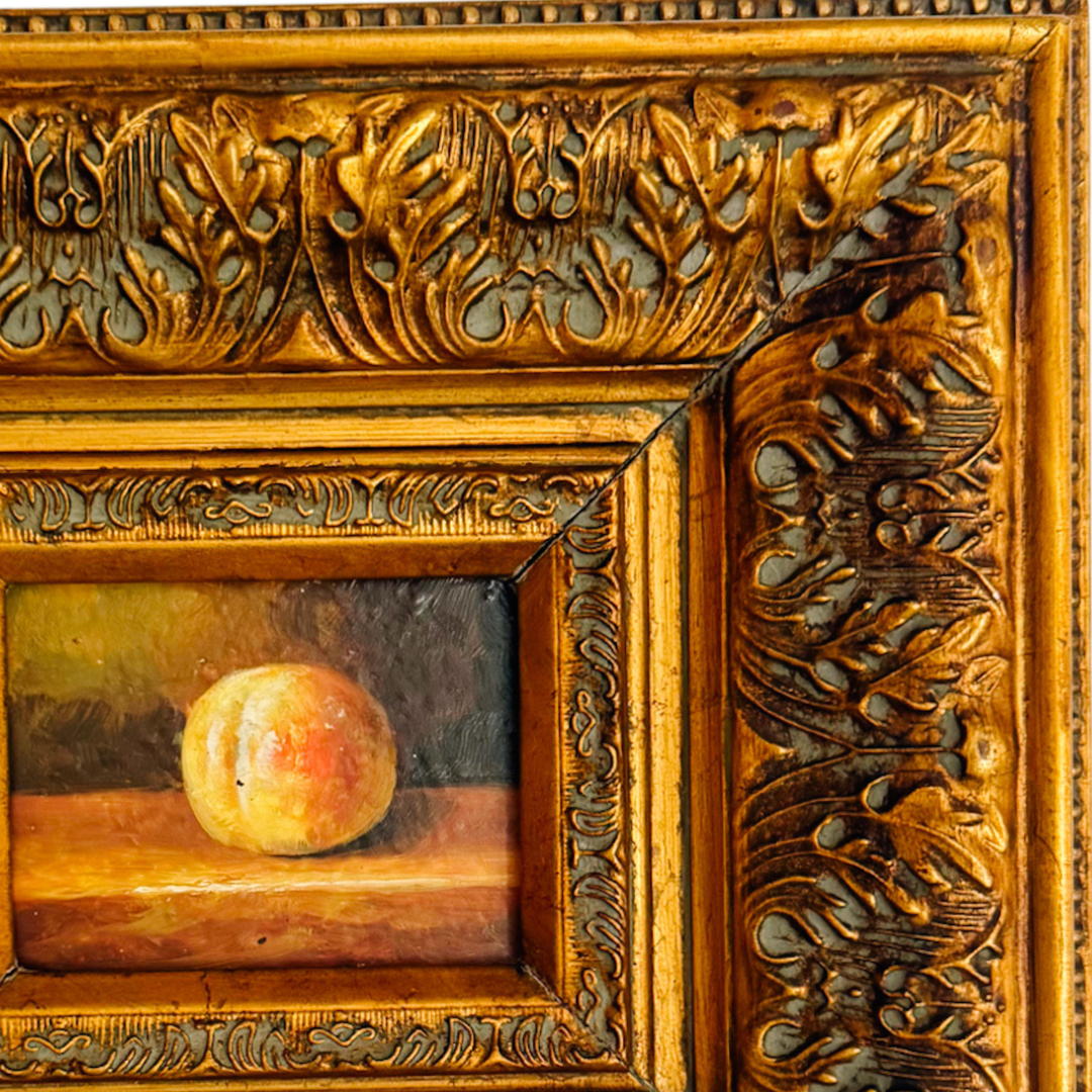 Miniature Peach Still Life Oil Painting in Deep Carved Giltwood Frame