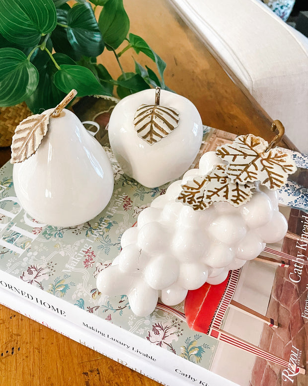 Mixed Trio Of Vintage White Ceramic Fruit With Stems