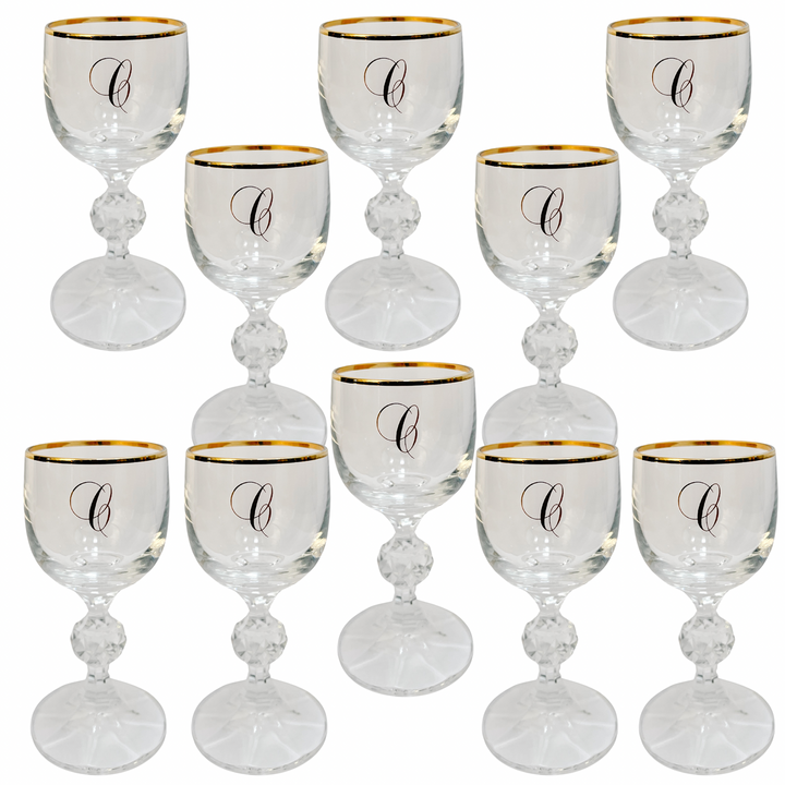 Gold Rimmed Monogram 'C' Crystal Aperitif Glasses Set of 10