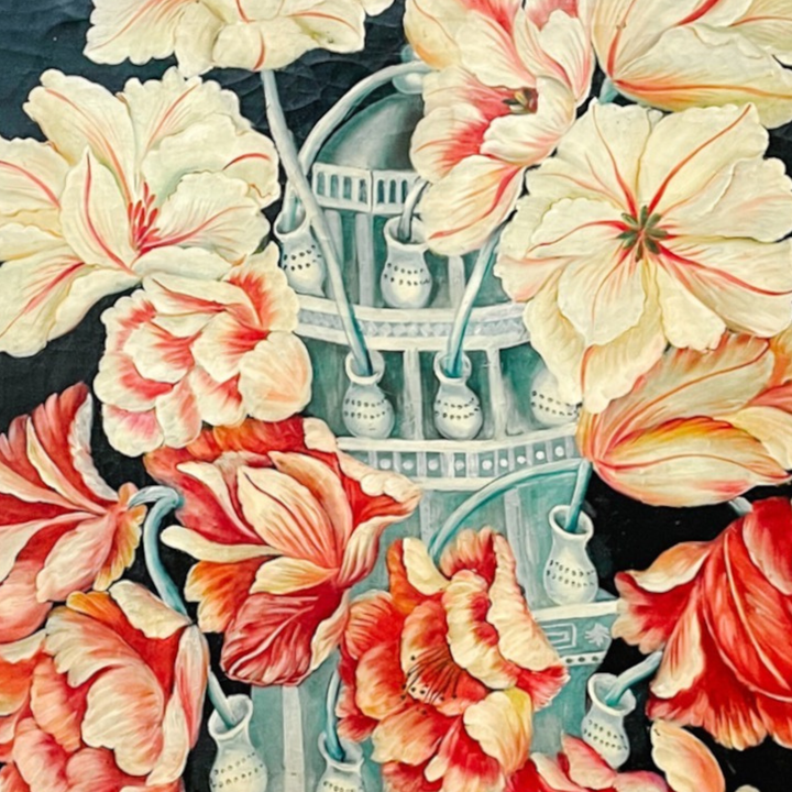 Monumental Dutch-Style Floral Painting on Board With Chinoiserie & Delft-Inspired Tulipière