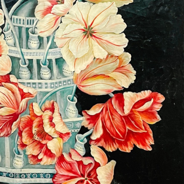 Monumental Dutch-Style Floral Painting on Board With Chinoiserie & Delft-Inspired Tulipière