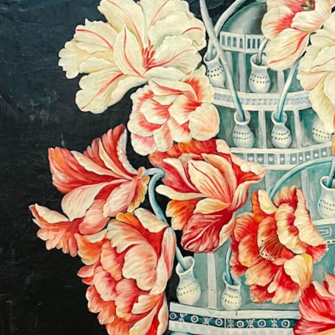 Monumental Dutch-Style Floral Painting on Board With Chinoiserie & Delft-Inspired Tulipière
