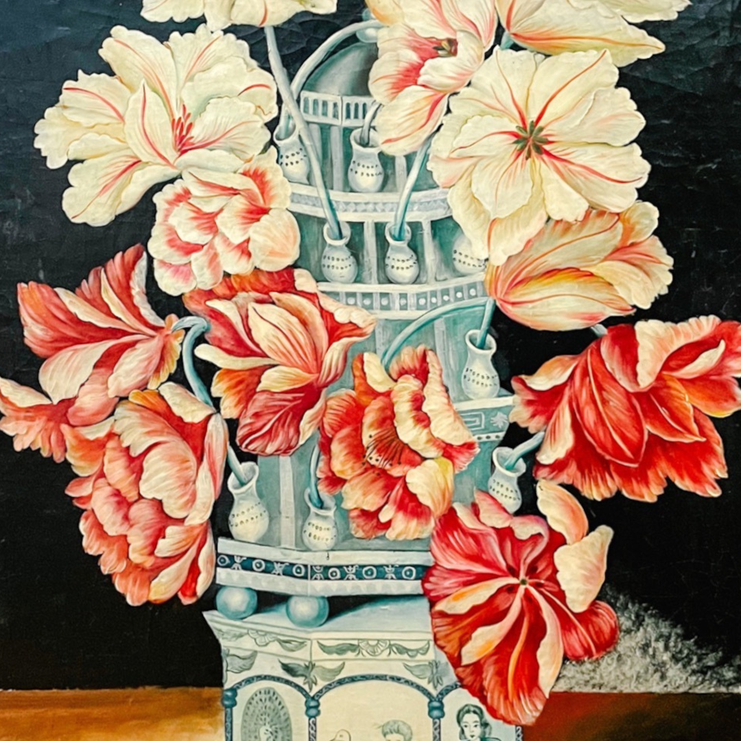 Monumental Dutch-Style Floral Painting on Board With Chinoiserie & Delft-Inspired Tulipière