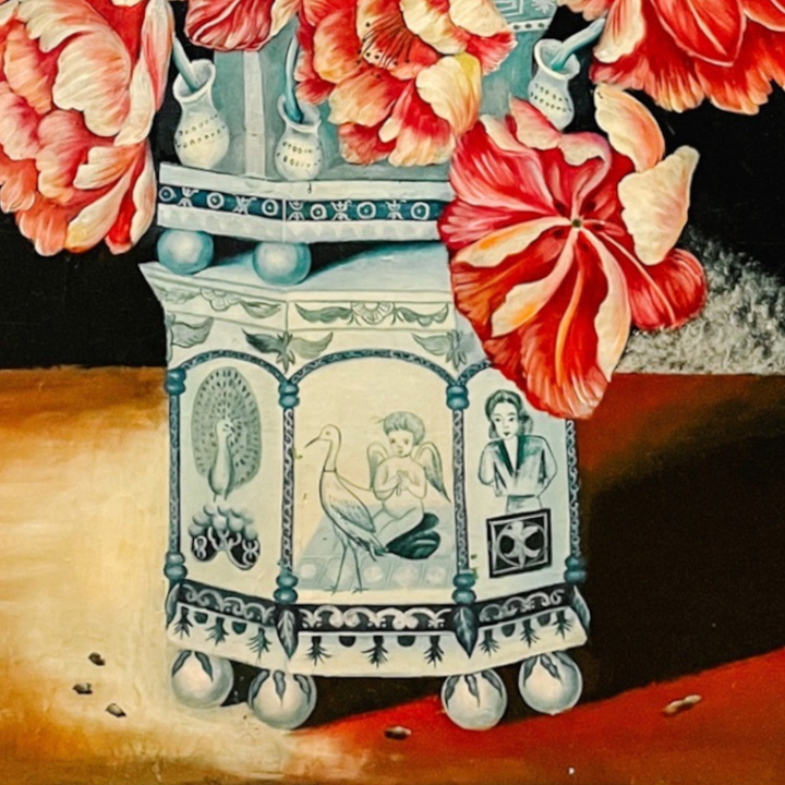 Monumental Dutch-Style Floral Painting on Board With Chinoiserie & Delft-Inspired Tulipière