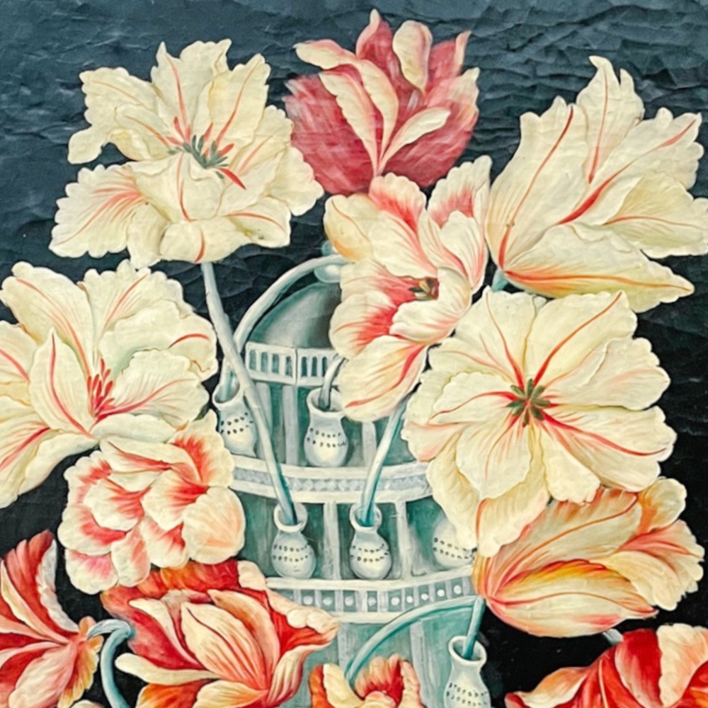 Monumental Dutch-Style Floral Painting on Board With Chinoiserie & Delft-Inspired Tulipière