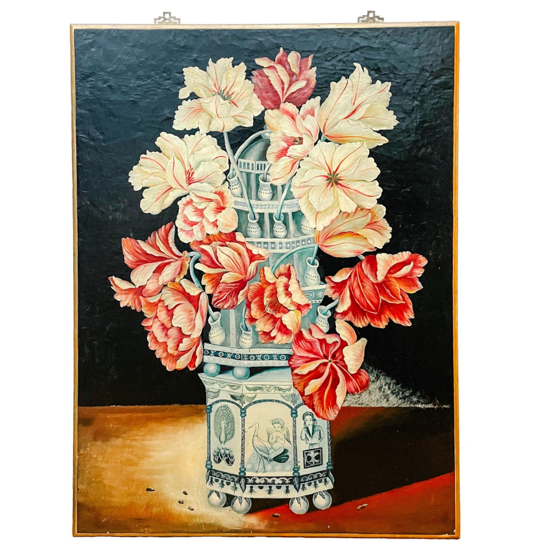 Monumental Dutch-Style Floral Painting on Board With Chinoiserie & Delft-Inspired Tulipière
