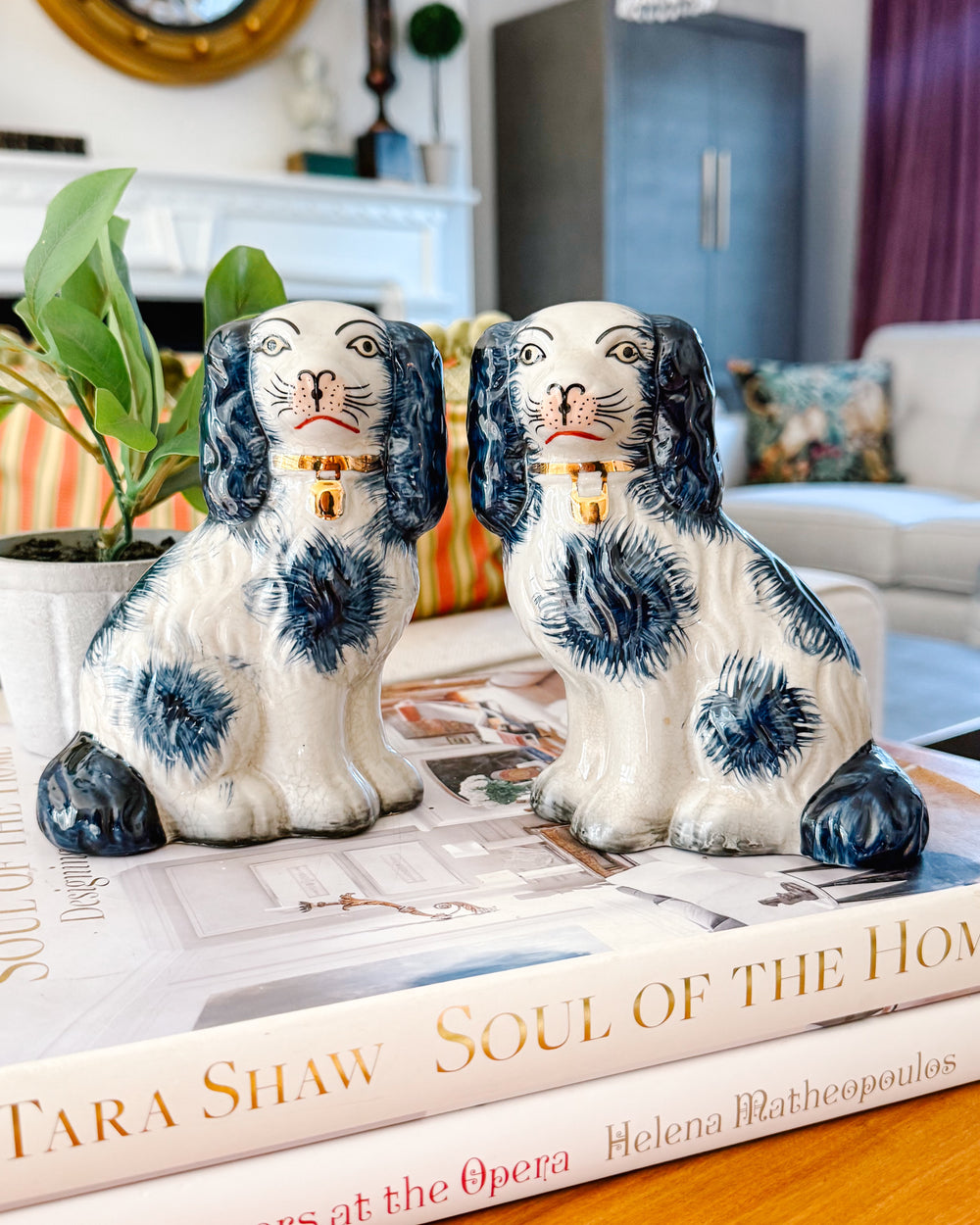 Navy Blue & White Staffordshire Style Spaniel Dogs
