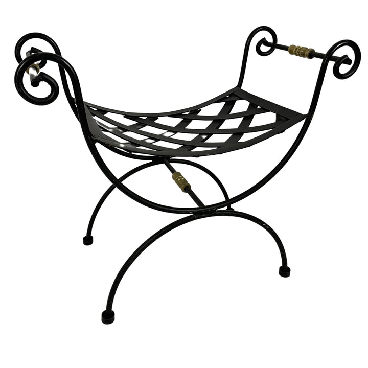 Neoclassical Blacksmith Wrought Iron and Brass Curule Bench