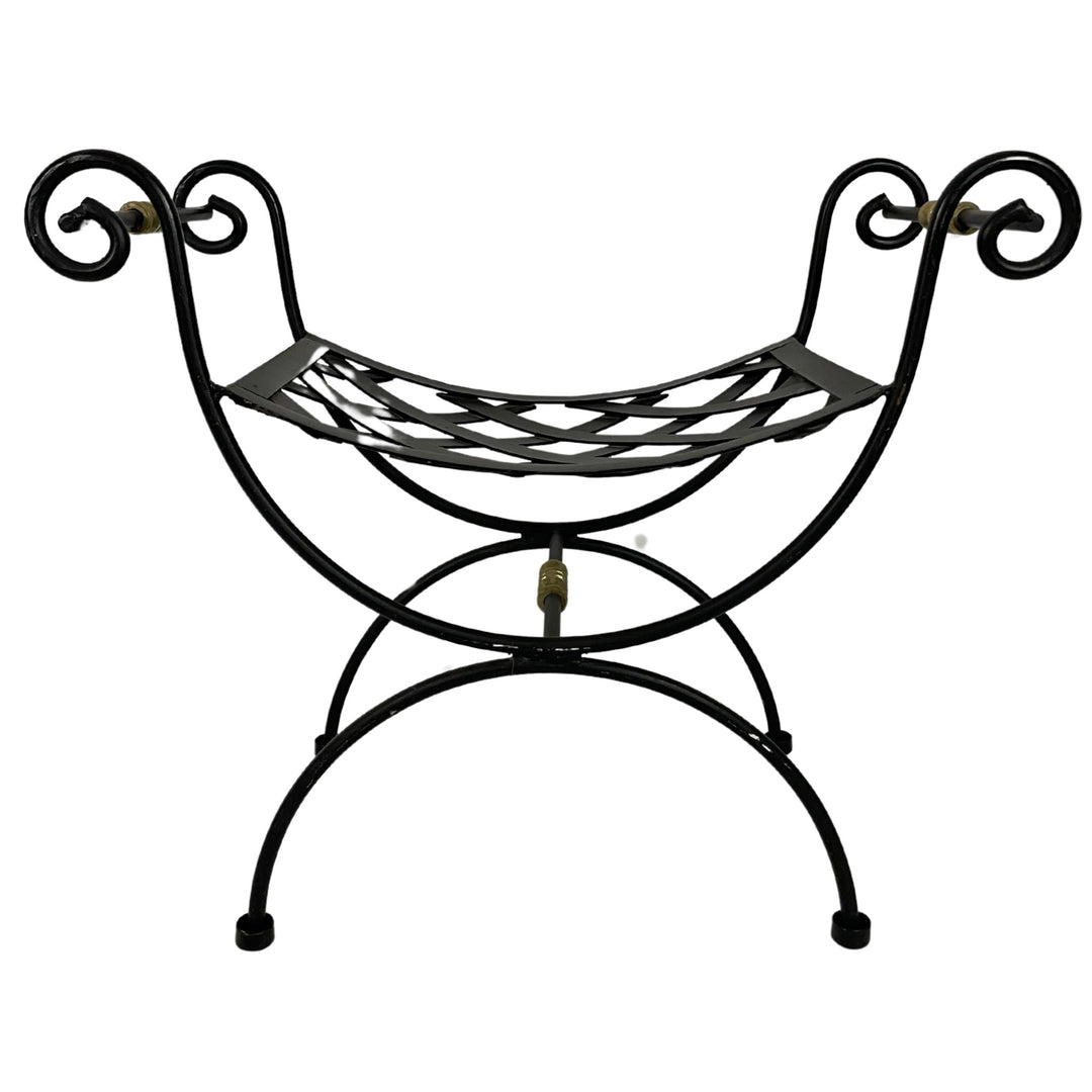 Neoclassical Blacksmith Wrought Iron and Brass Curule Bench