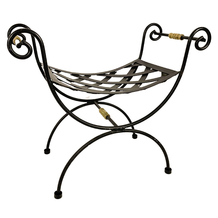 Neoclassical Blacksmith Wrought Iron and Brass Curule Bench