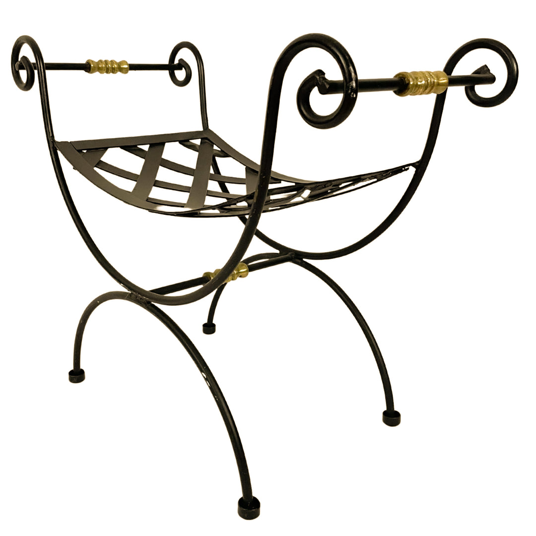 Neoclassical Blacksmith Wrought Iron and Brass Curule Bench