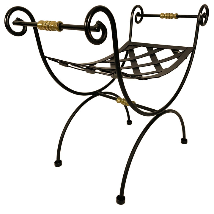 Neoclassical Blacksmith Wrought Iron and Brass Curule Bench