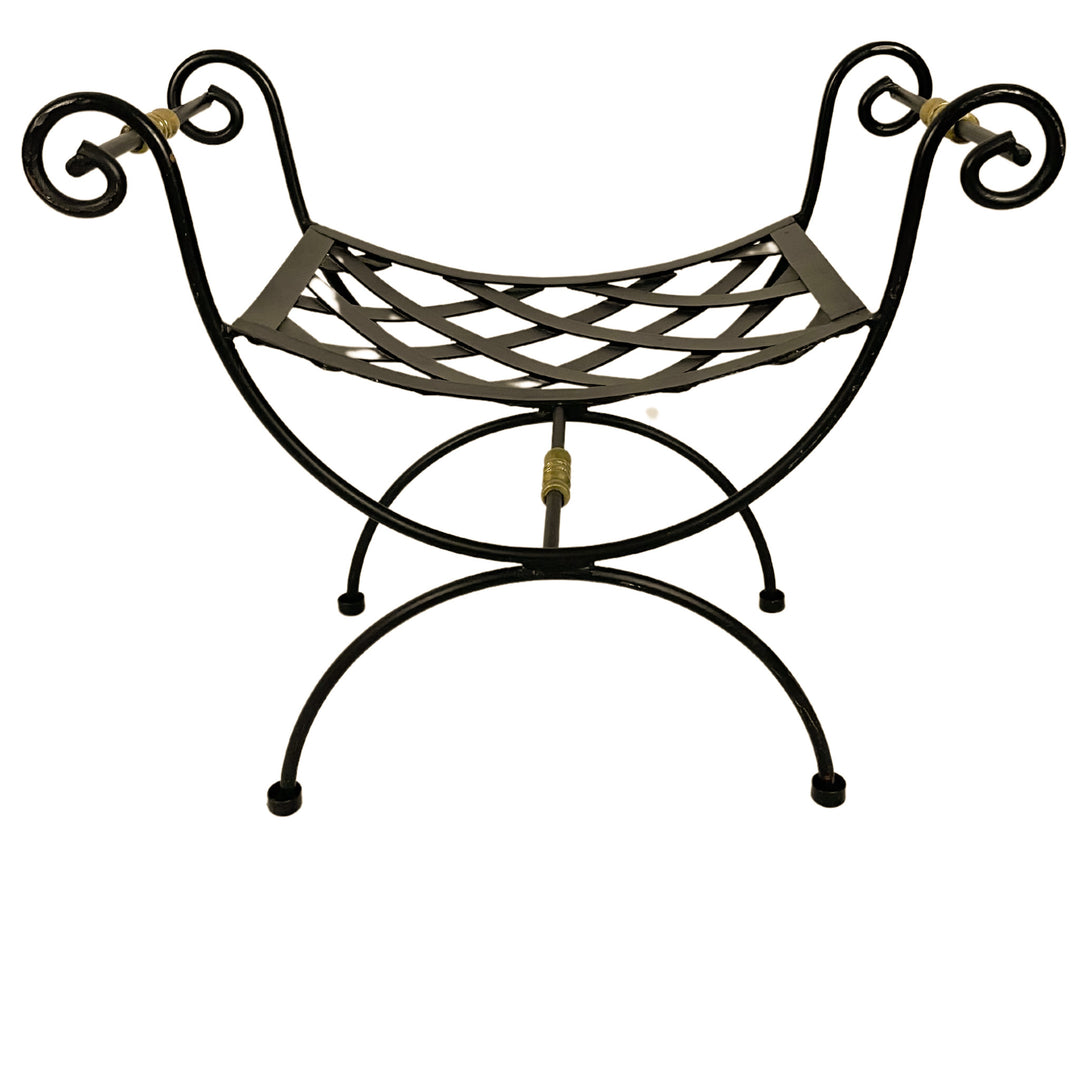Neoclassical Blacksmith Wrought Iron and Brass Curule Bench