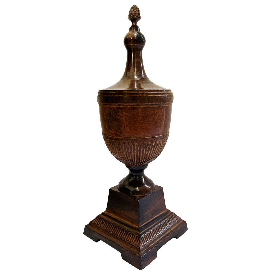 Neoclassical Cast Metal Pedestal Urn With Pineapple Finial & Caramel Patina