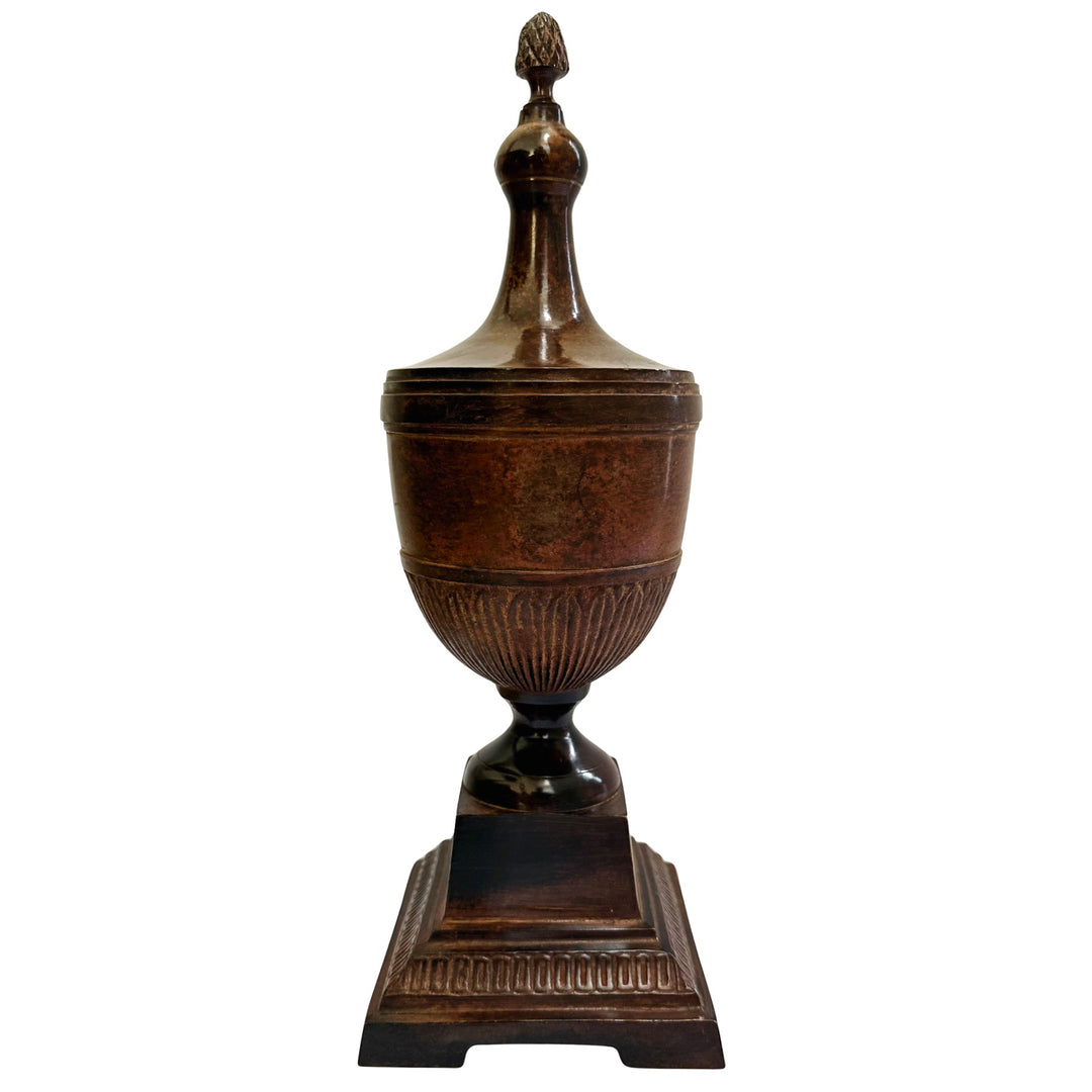 Neoclassical Cast Metal Pedestal Urn With Pineapple Finial & Caramel Patina