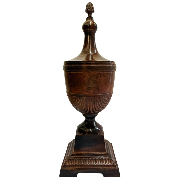Neoclassical Cast Metal Pedestal Urn With Pineapple Finial & Caramel Patina