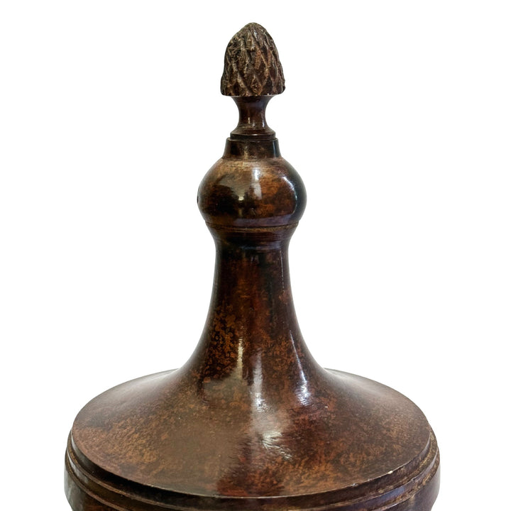 Neoclassical Cast Metal Pedestal Urn With Pineapple Finial & Caramel Patina
