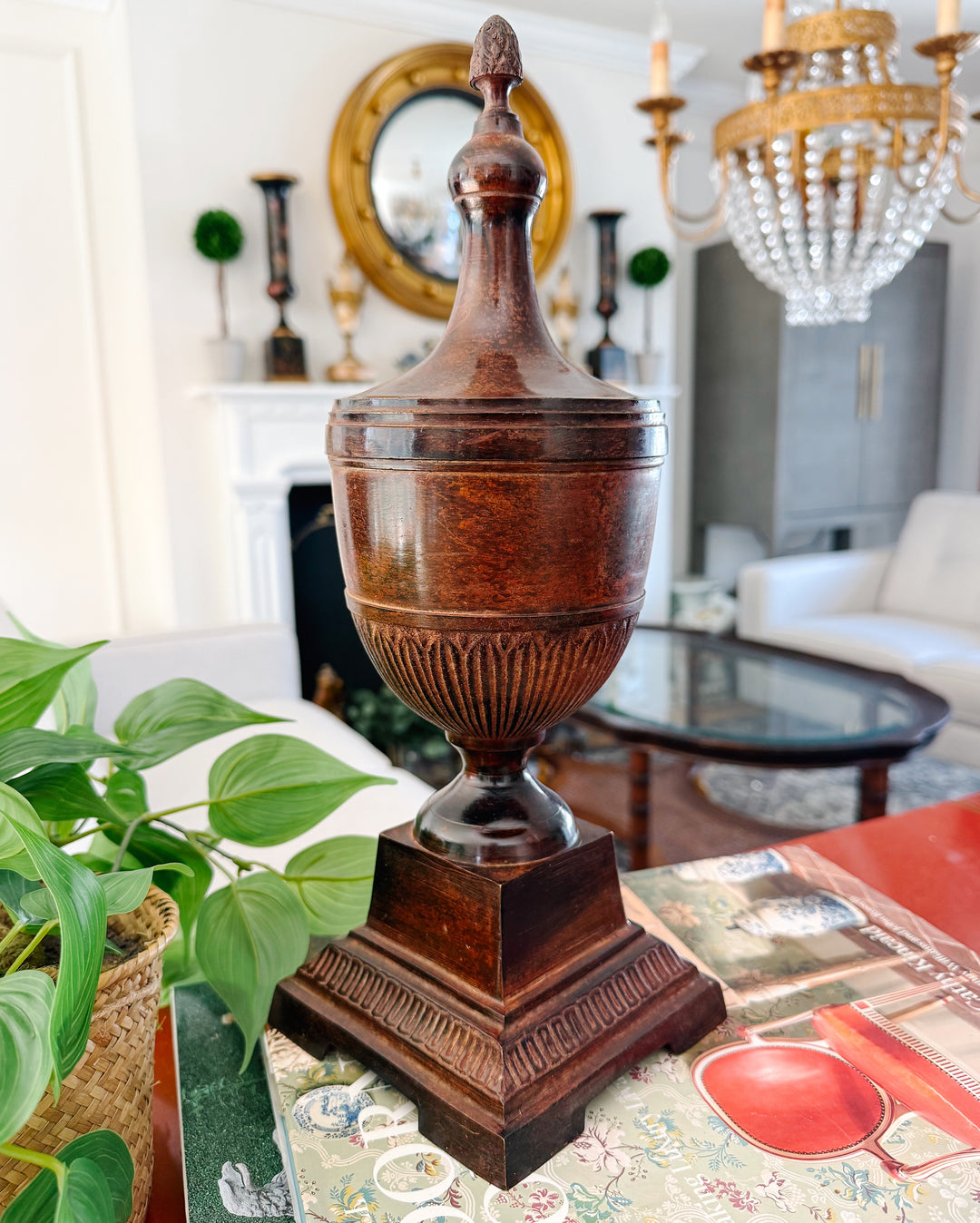 Neoclassical Cast Metal Pedestal Urn With Pineapple Finial & Caramel Patina