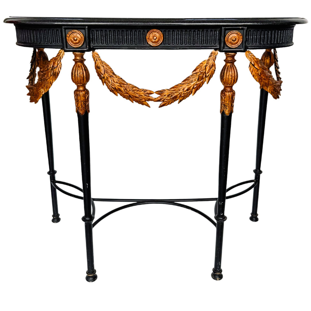 Neoclassical Ebonized Wrought Iron Demi-Lune Table With Black Granite & Laurel Garlands