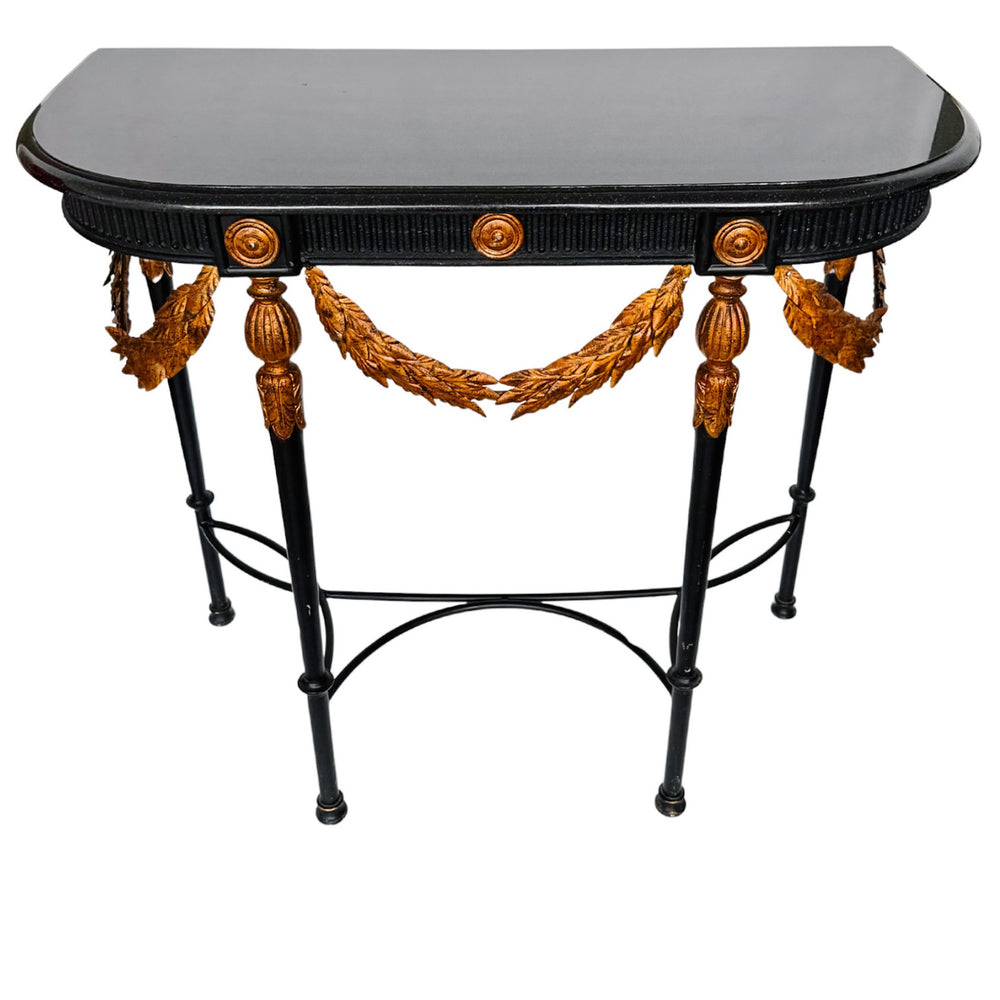 Neoclassical Ebonized Wrought Iron Demi-Lune Table With Black Granite & Laurel Garlands