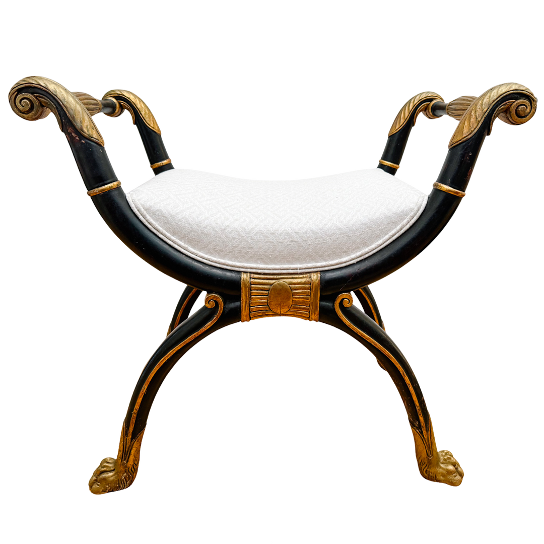 Neoclassical Empire Ebonized Bench Lion Paw Feet & Upholstered Seat